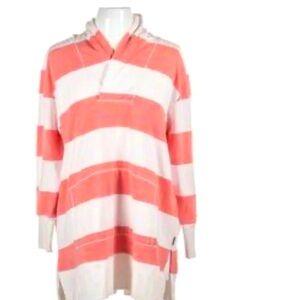 DKNY Women's Oversized Striped Hoodie Coral/White w Front Pocket Size Large
